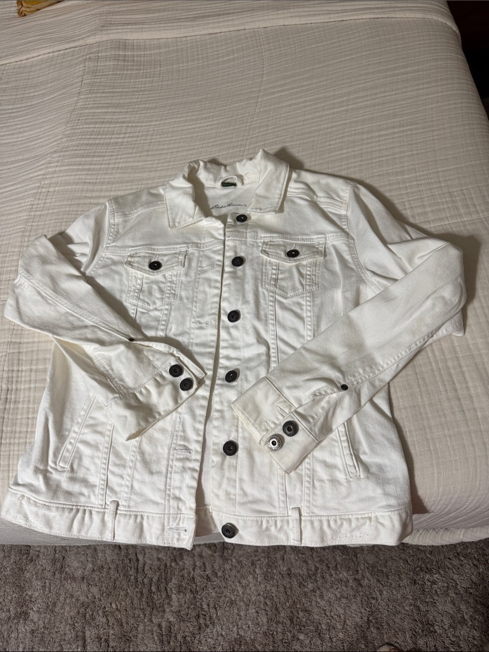 Eddie Bauer White Jean Jacket with Dark Buttons